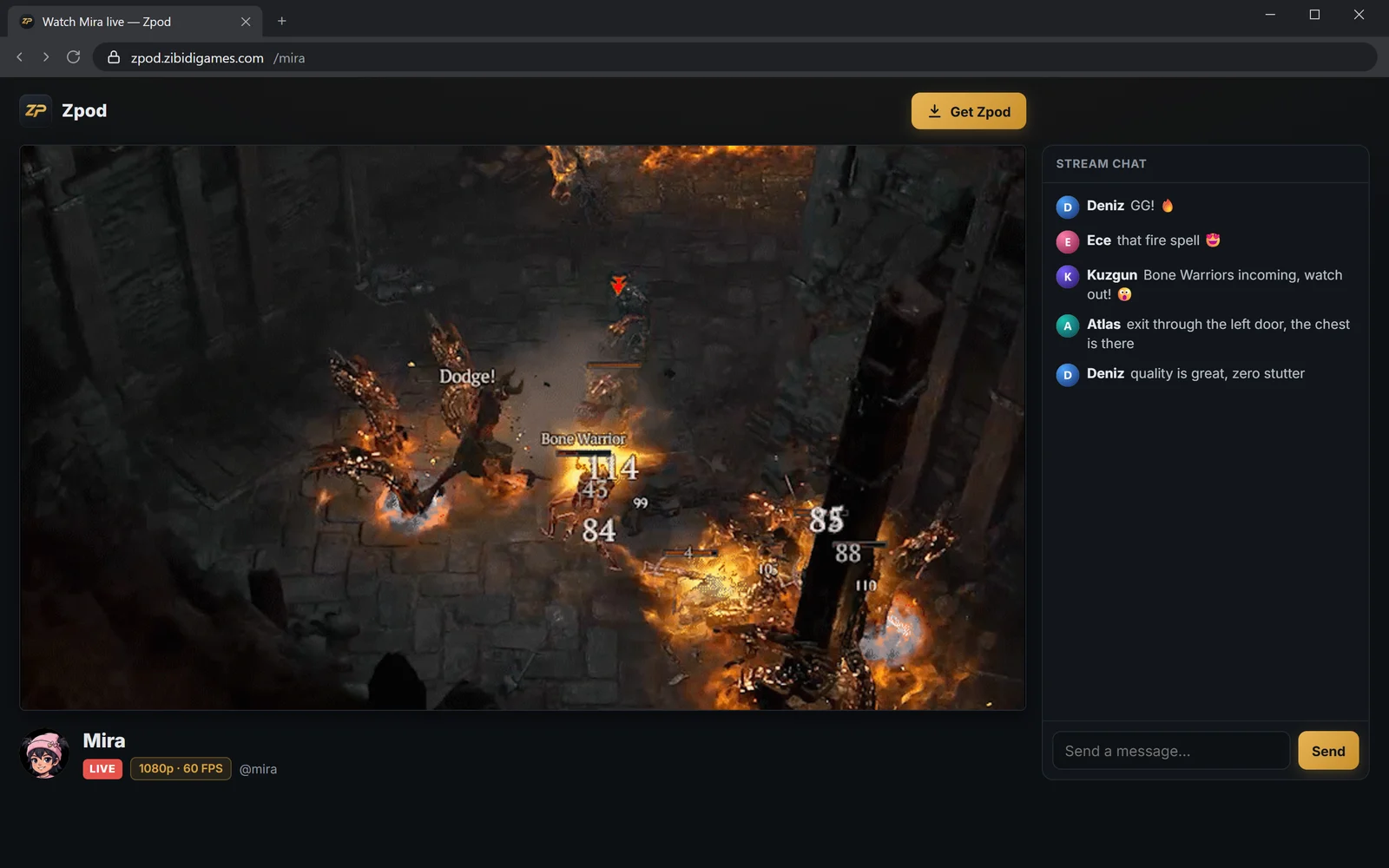 Stream-Seite zpod.zibidigames.com/mira im Browser mit Stream-Chat