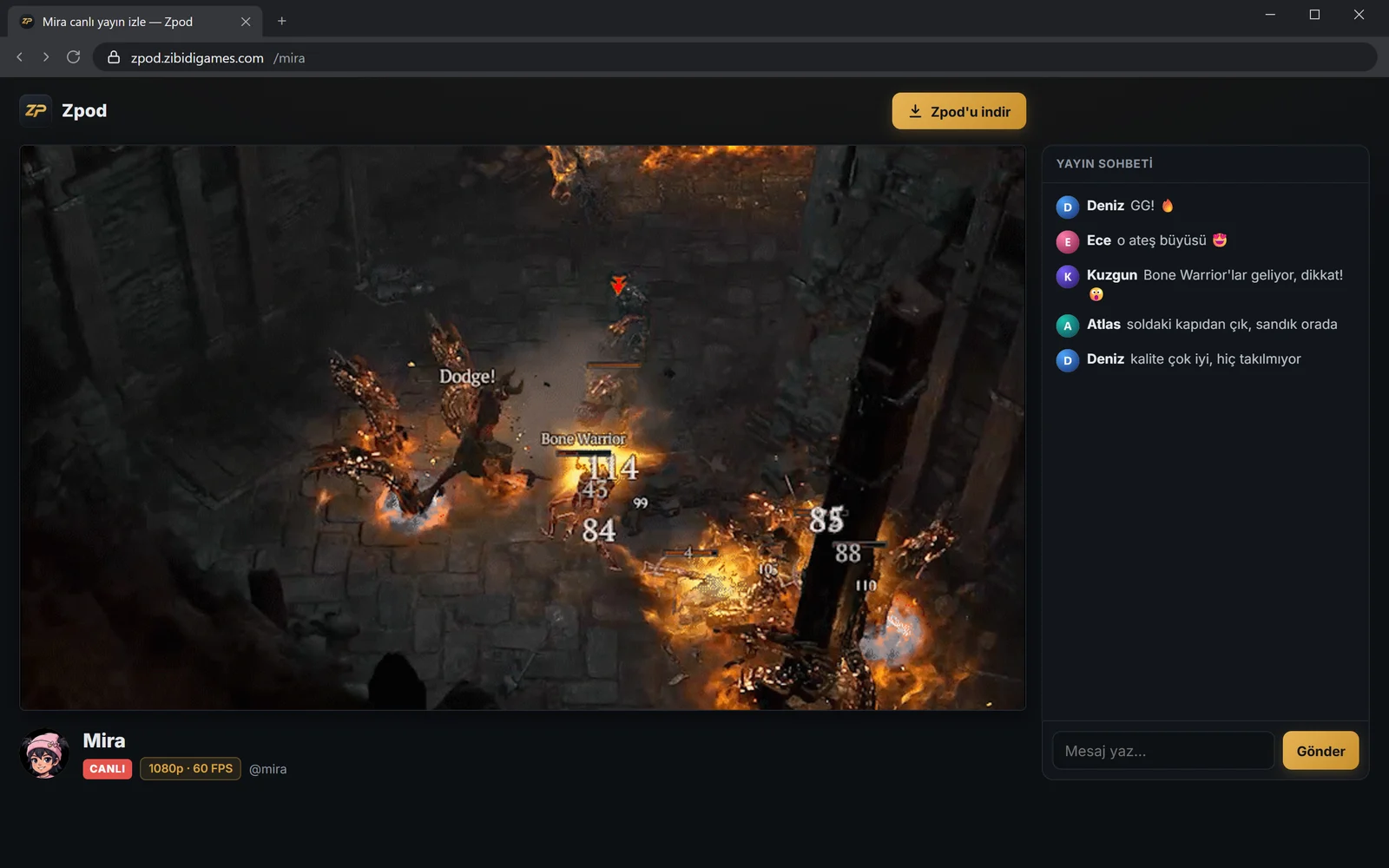 Tarayıcıda zpod.zibidigames.com/mira yayın sayfası ve yayın sohbeti