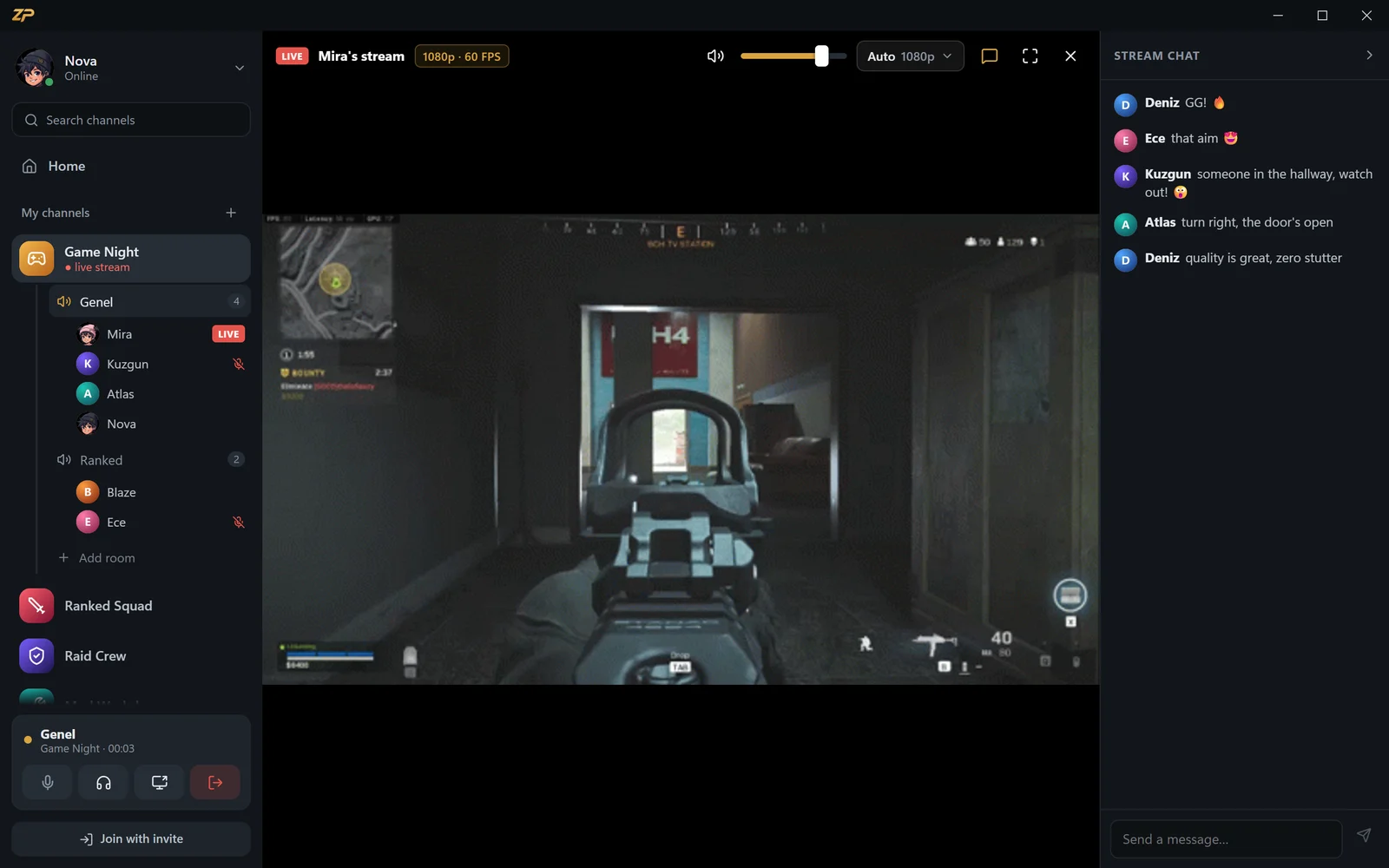Live-Gamestream aus einem Sprachraum in der Zpod-App
